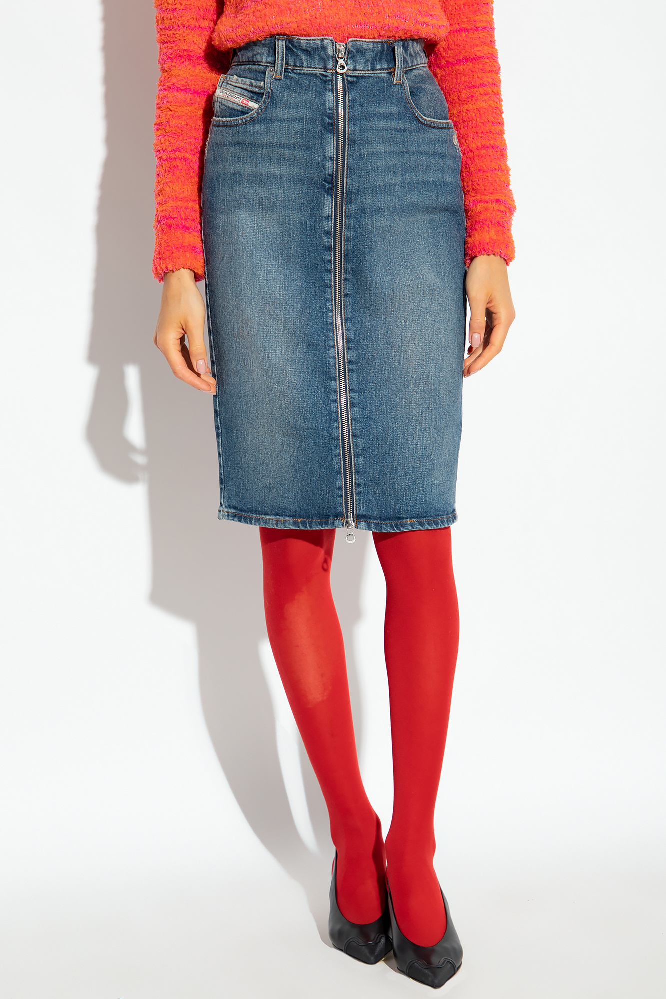 Red denim skirt knee hot sale length